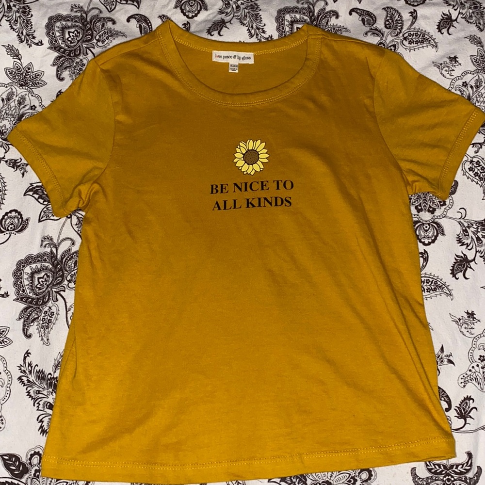 Selling love peace & lip gloss T shirt size 10/12 color yellow and orange